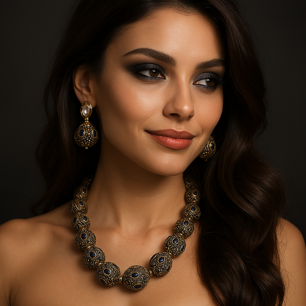 Gold-plated colored stone necklace set with matching earrings and gemstone pendant