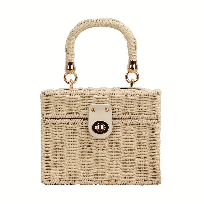 Resort boho straw woven handbag with natural rattan body and leather handles