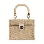 Resort boho straw woven handbag with natural rattan body and leather handles