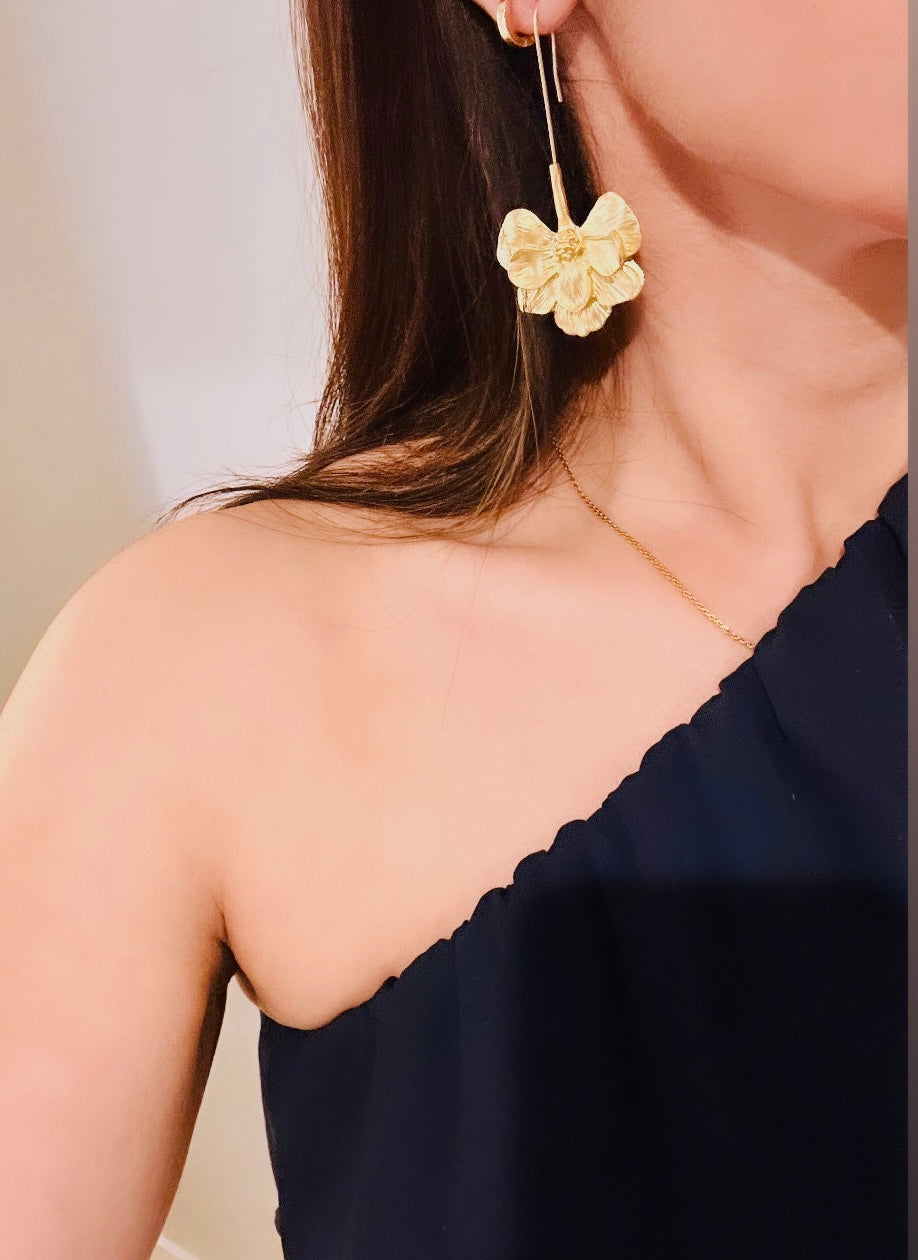 Floral dangle earrings with abstract artistic design and colorful enamel drops