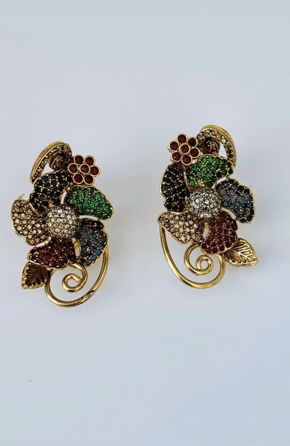 Multicolor floral earrings with painted petal design and gold-plated hooks