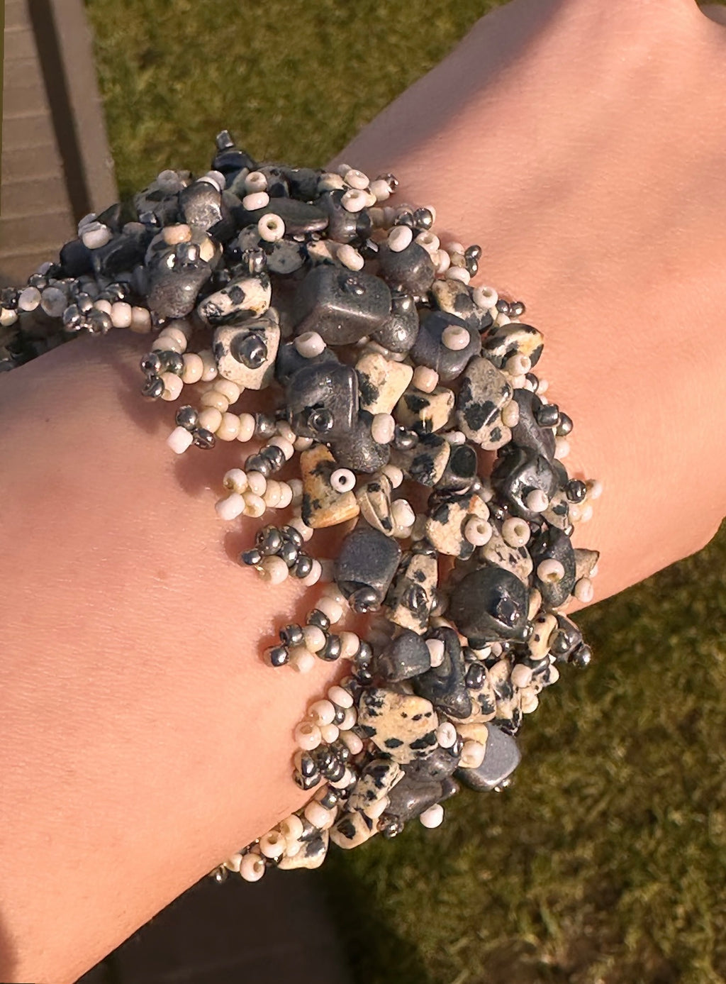 Handmade gray stone bracelet with natural agate beads and stretch band