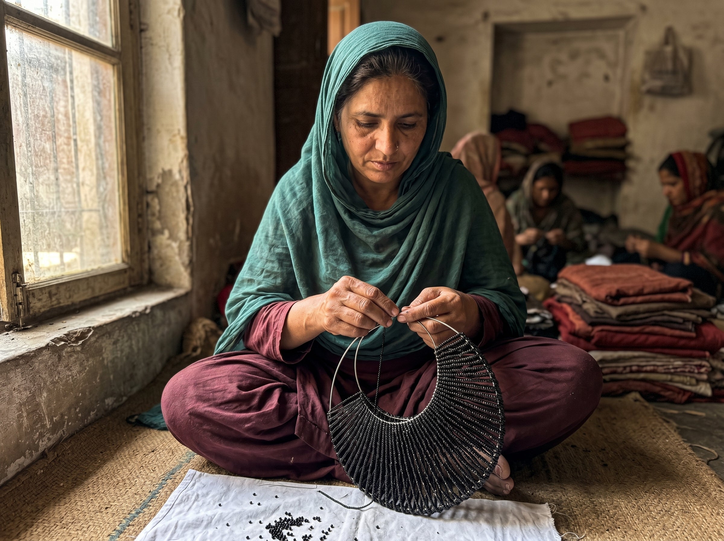 Pakistani artisan sitting on the floor making a midnight arc clutch bag in a room with other people in the background.