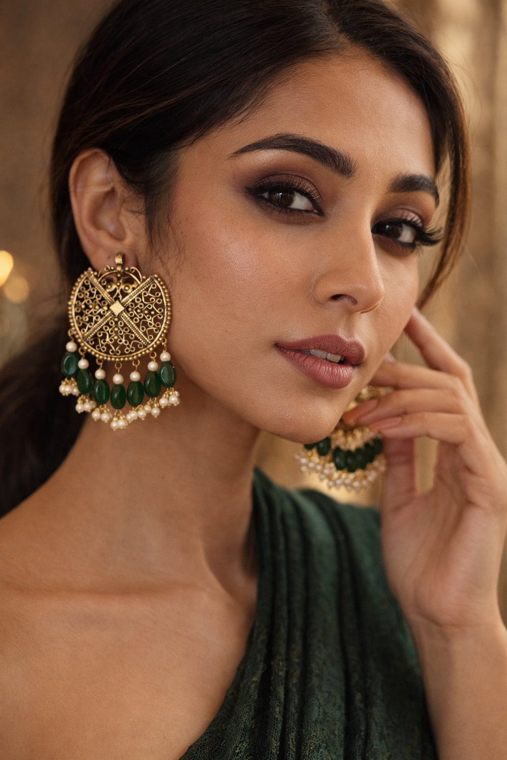 Handcrafted green stone drop earrings with gold-plated setting by Indus Threads