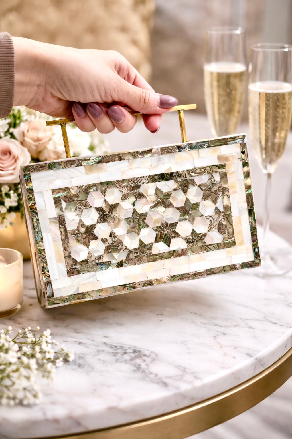 Handcrafted Mother of Pearl Clutch — alternate angle