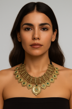 Vintage coin pendant necklace set with matching green stone earrings in gold-plated finish