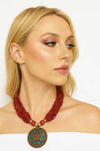 Mosaic stone statement necklace with multicolor natural stones and gold-plated chain