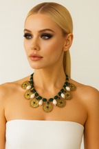 Green coin pendant necklace with gold-plated chain and antique-style medallion