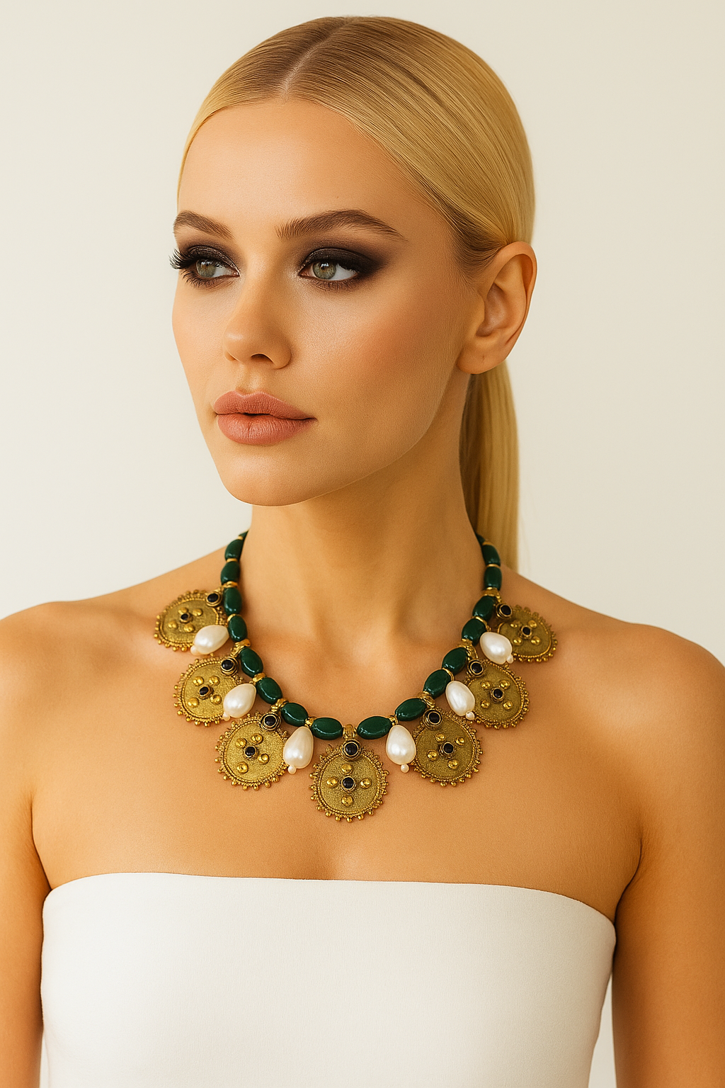 Green coin pendant necklace with gold-plated chain and antique-style medallion