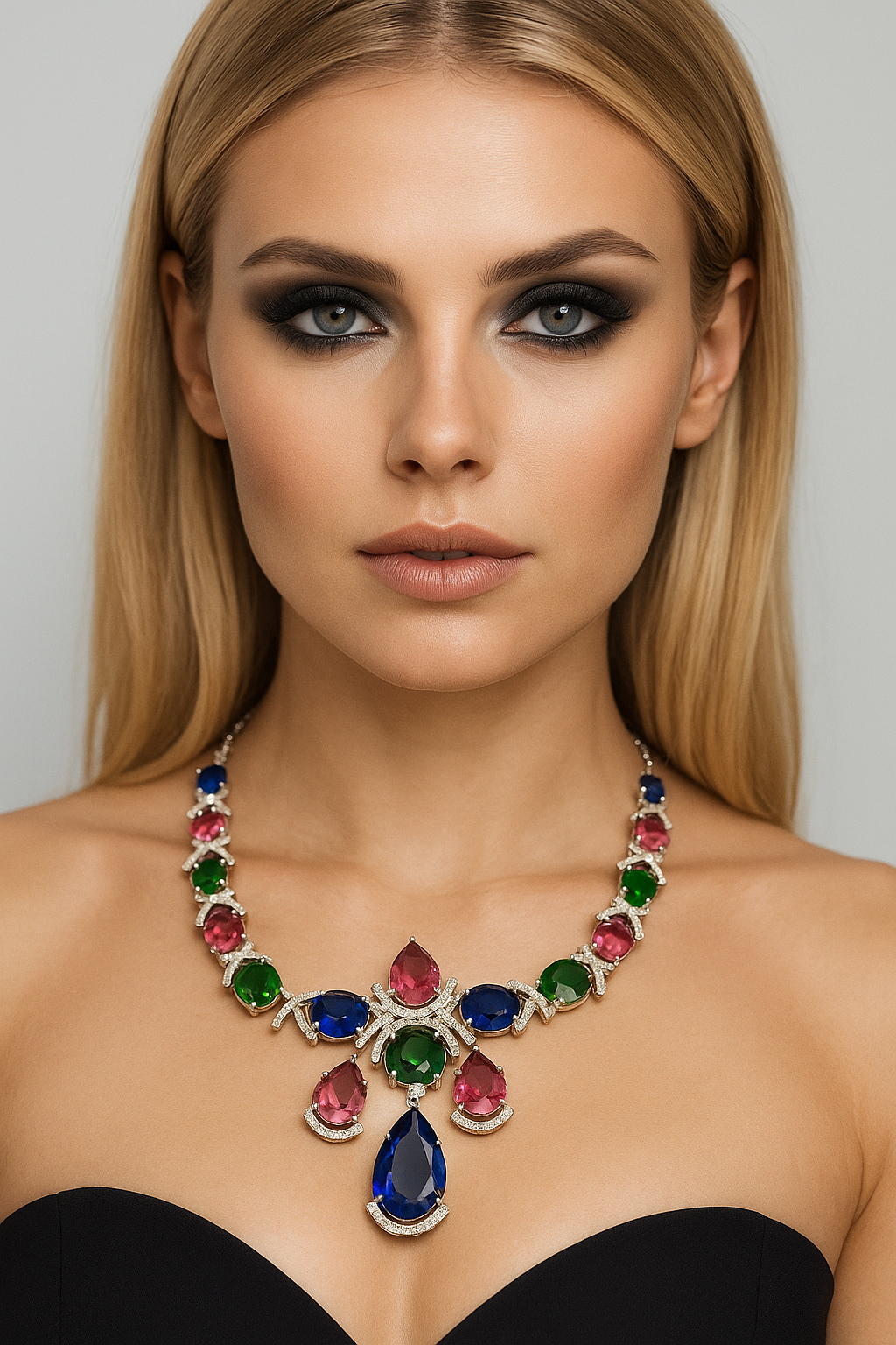 Multi-color stone necklace set with matching earrings and gold-plated details
