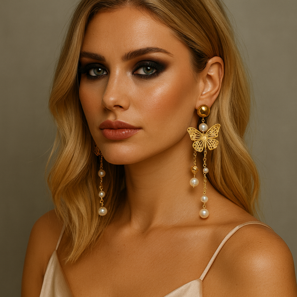 Butterfly-shaped dangle earrings with colorful enamel wings and gold-plated hooks