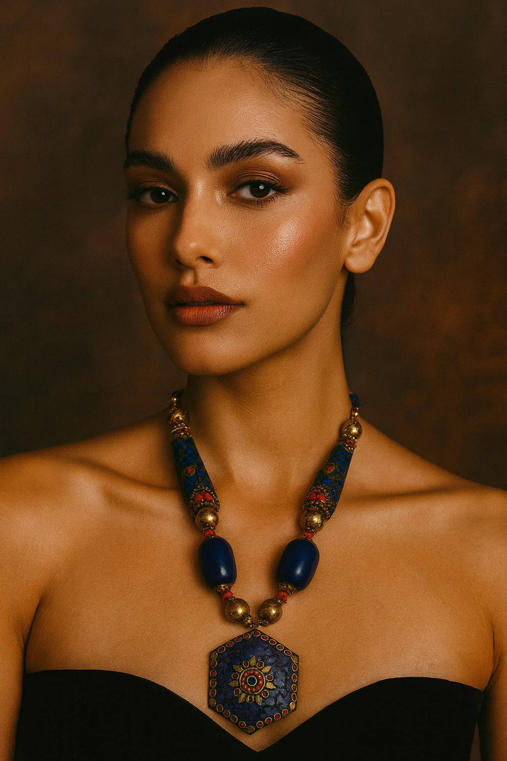 Blue stone pendant necklace with natural lapis-toned gem and gold-plated chain