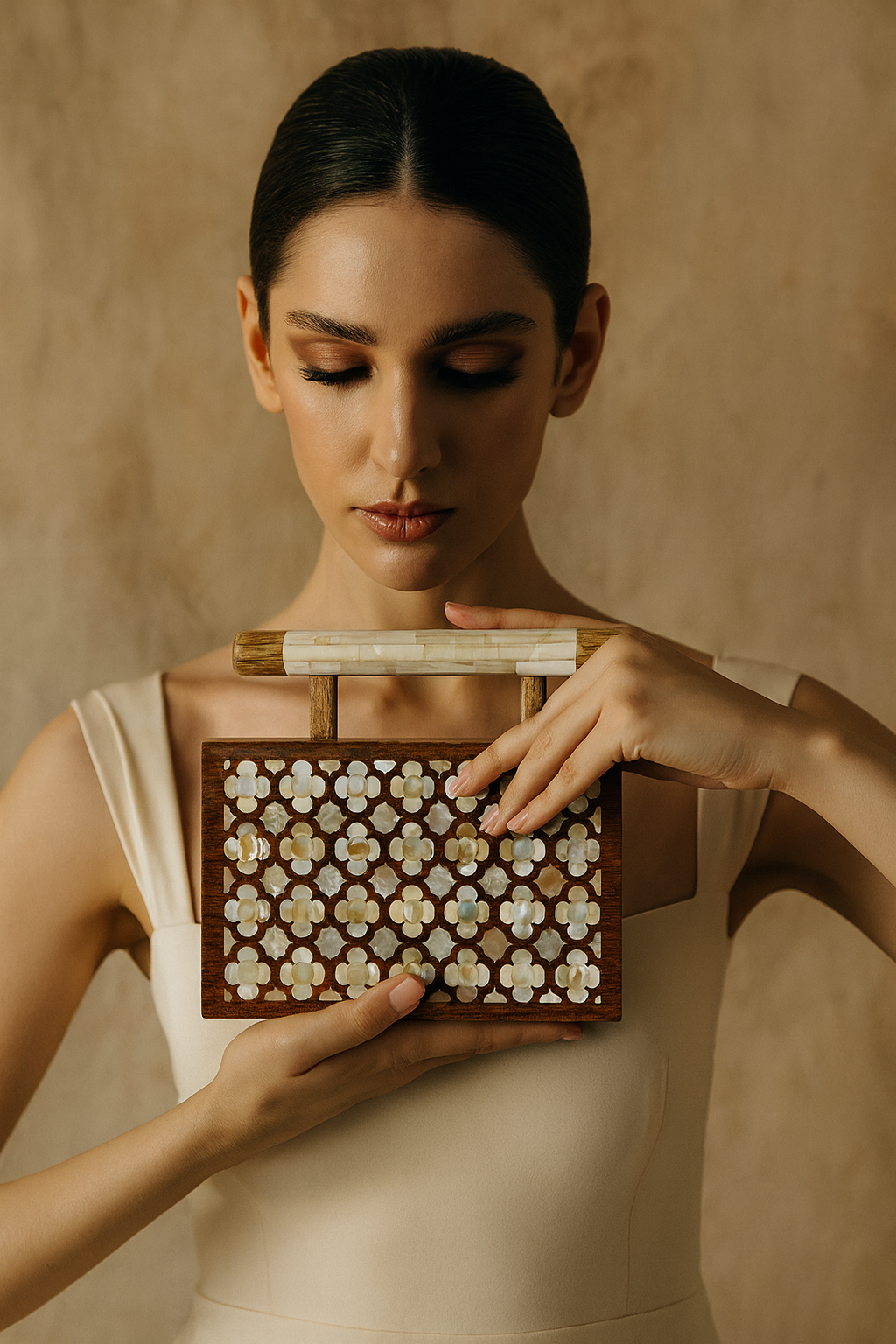 Handcrafted inlay wooden purse with mosaic wood pattern and brass hardware