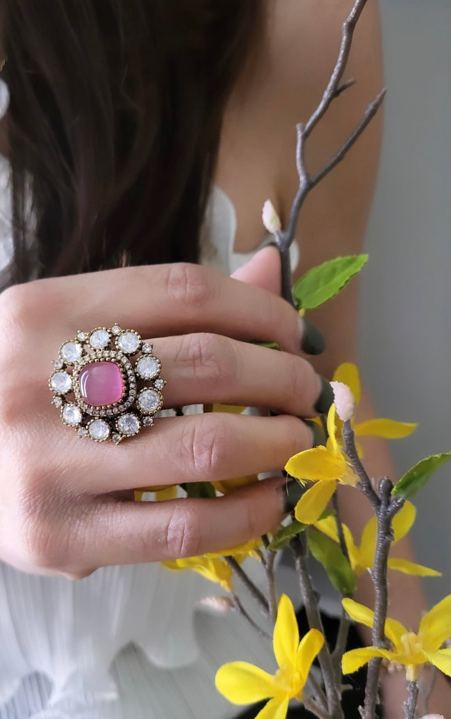 Pink gemstone ring with rose quartz stone and gold-plated band