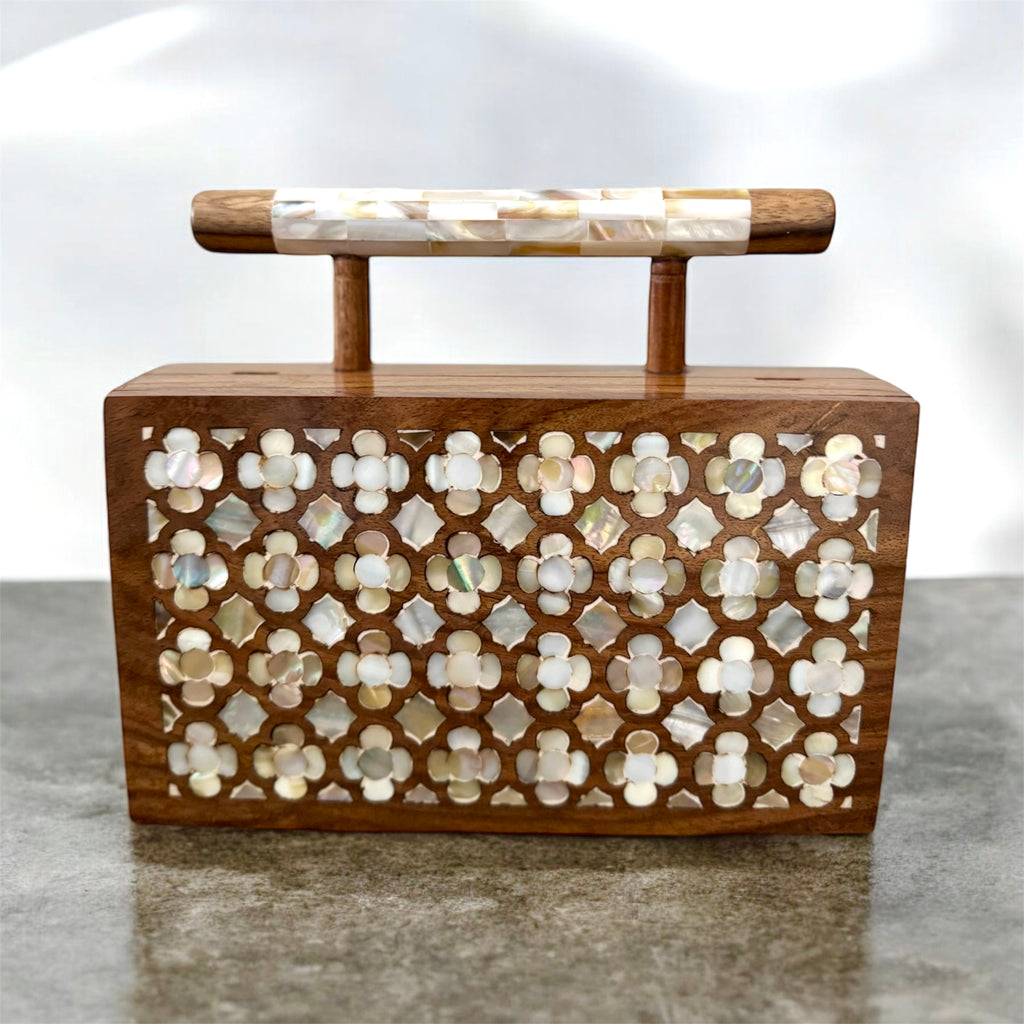 Handcrafted Inlay Wooden Purse — detail view