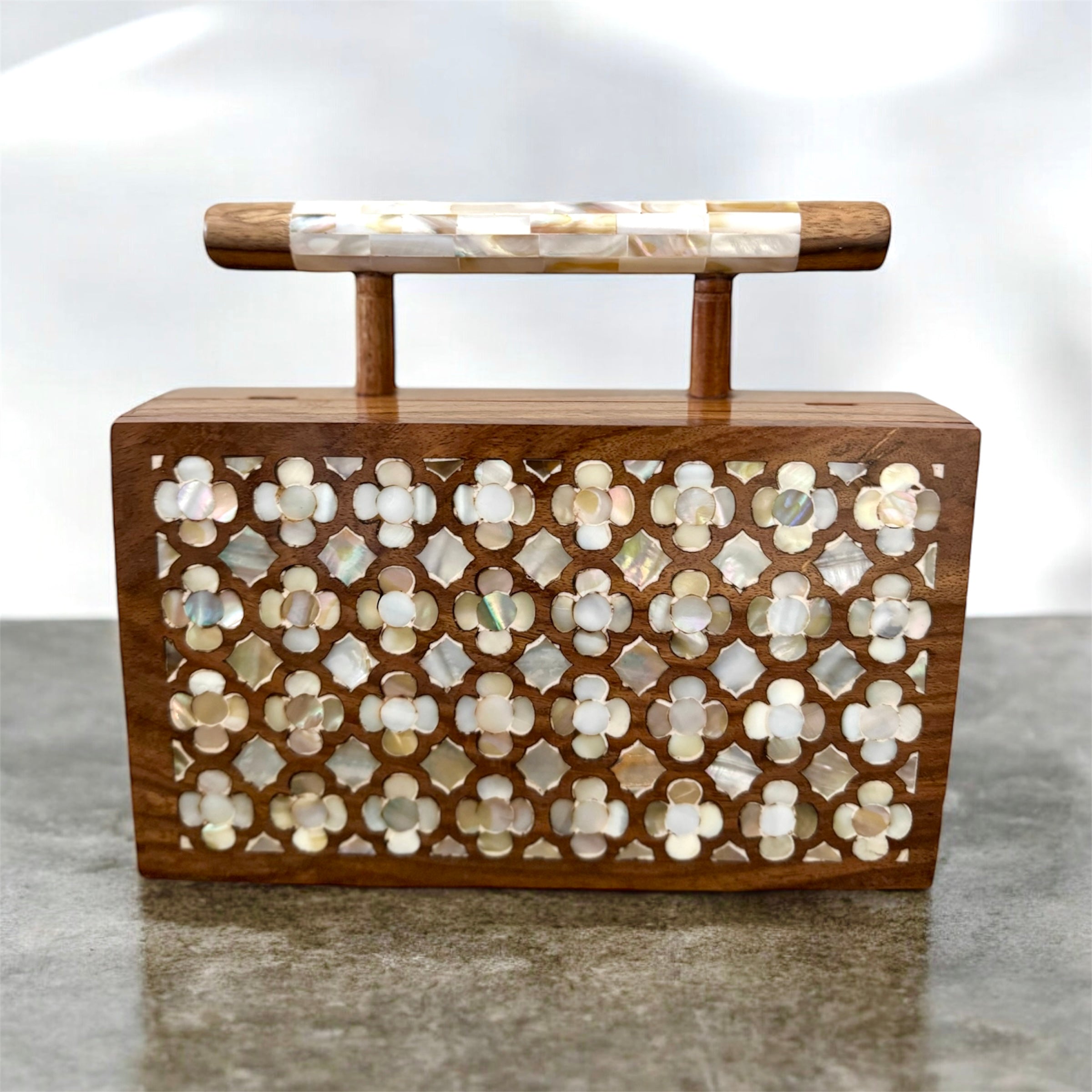 Handcrafted Inlay Wooden Purse — detail view