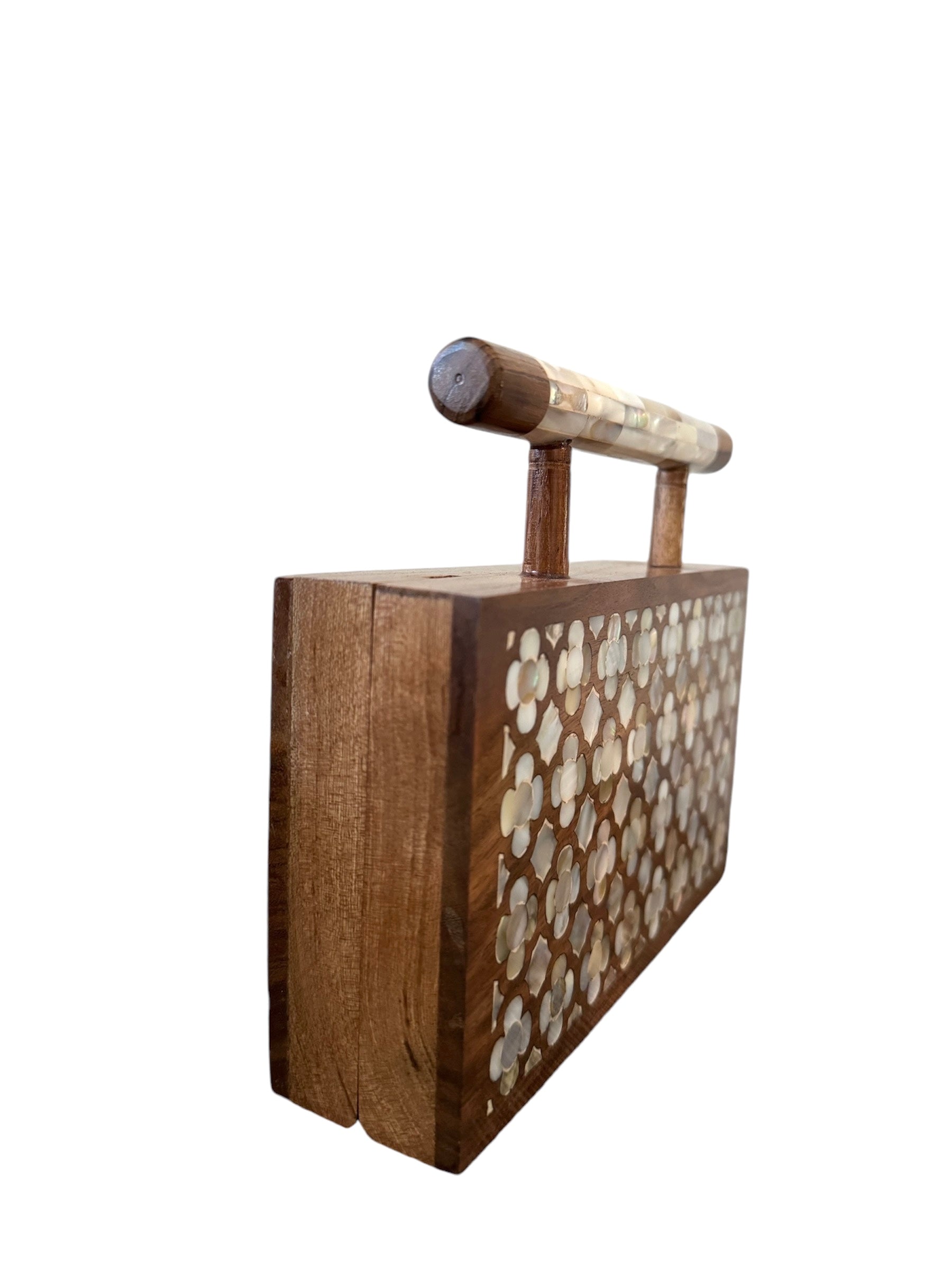Handcrafted Inlay Wooden Purse — styled view
