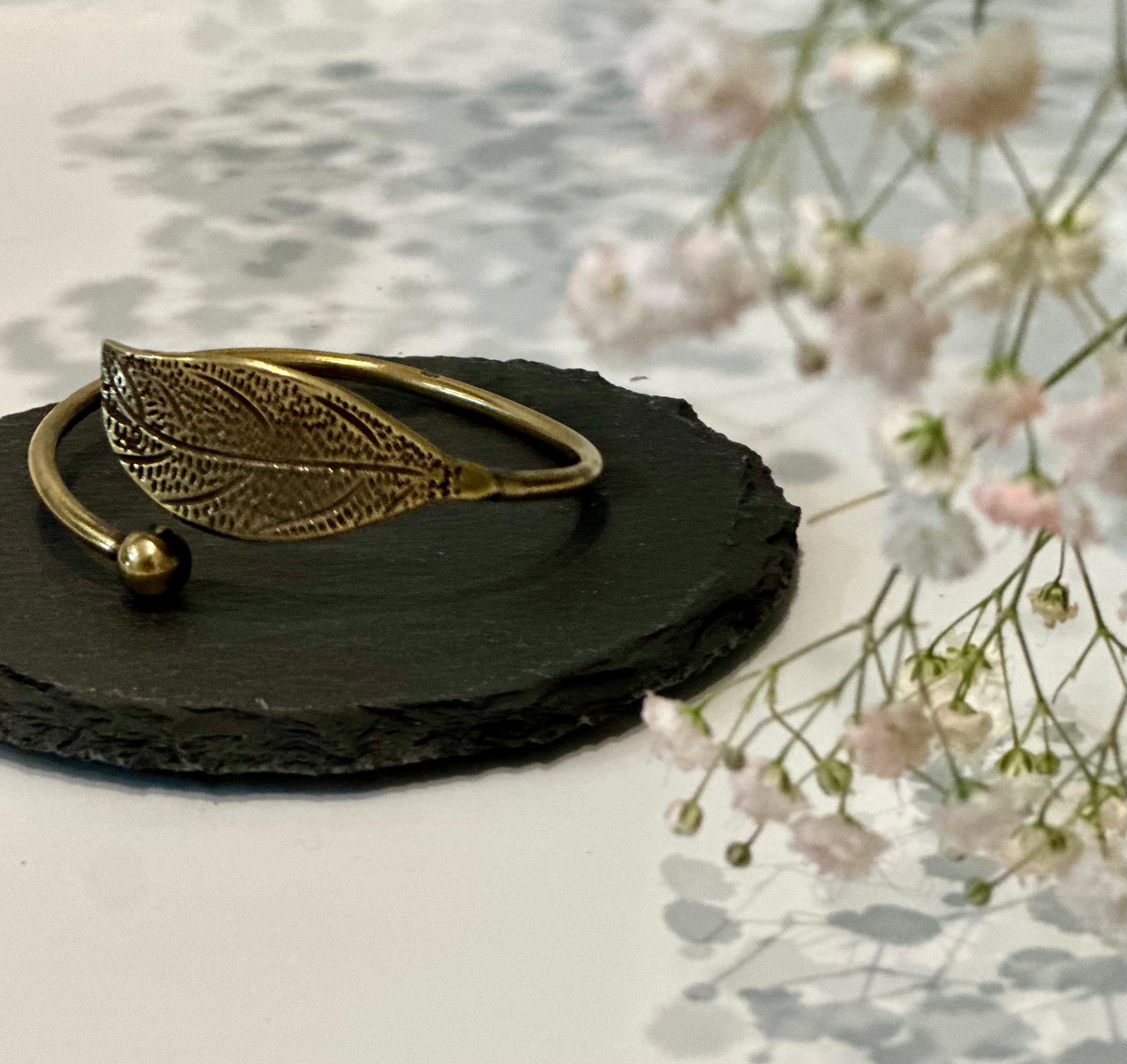 Handmade Bronze Leaf Bracelet — detail view