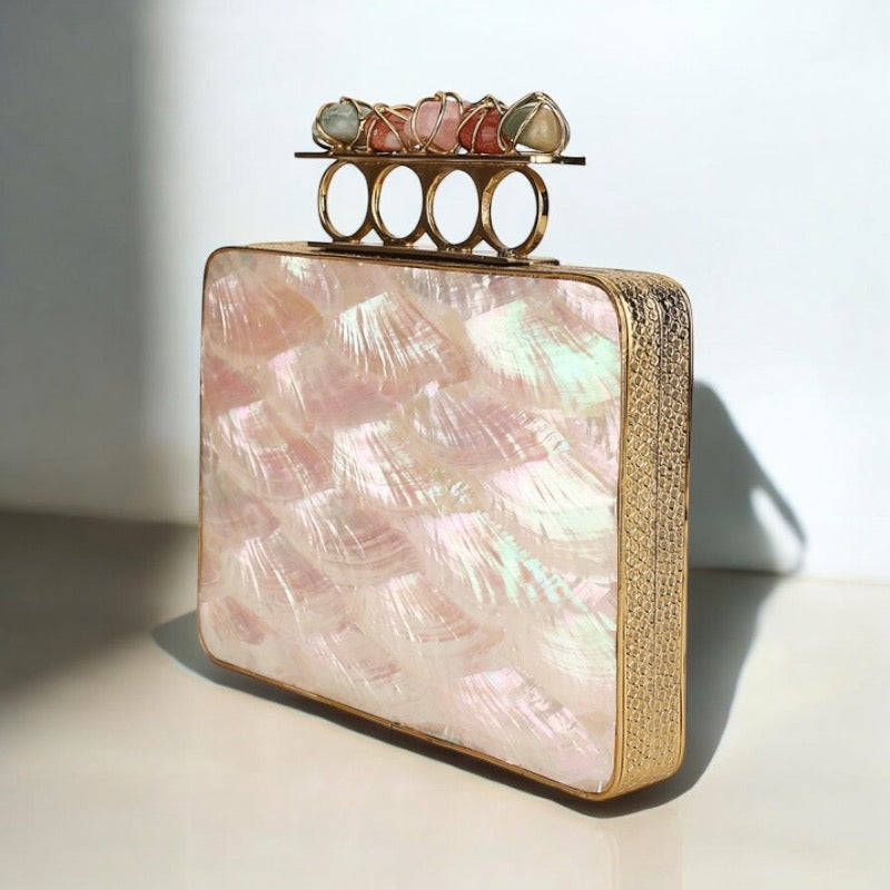 Precious stone ring clutch with multicolor mosaic design and gold ring handle