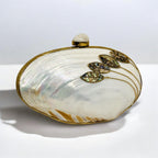 Mother of pearl shell clutch with natural iridescent shell mosaic and brass frame