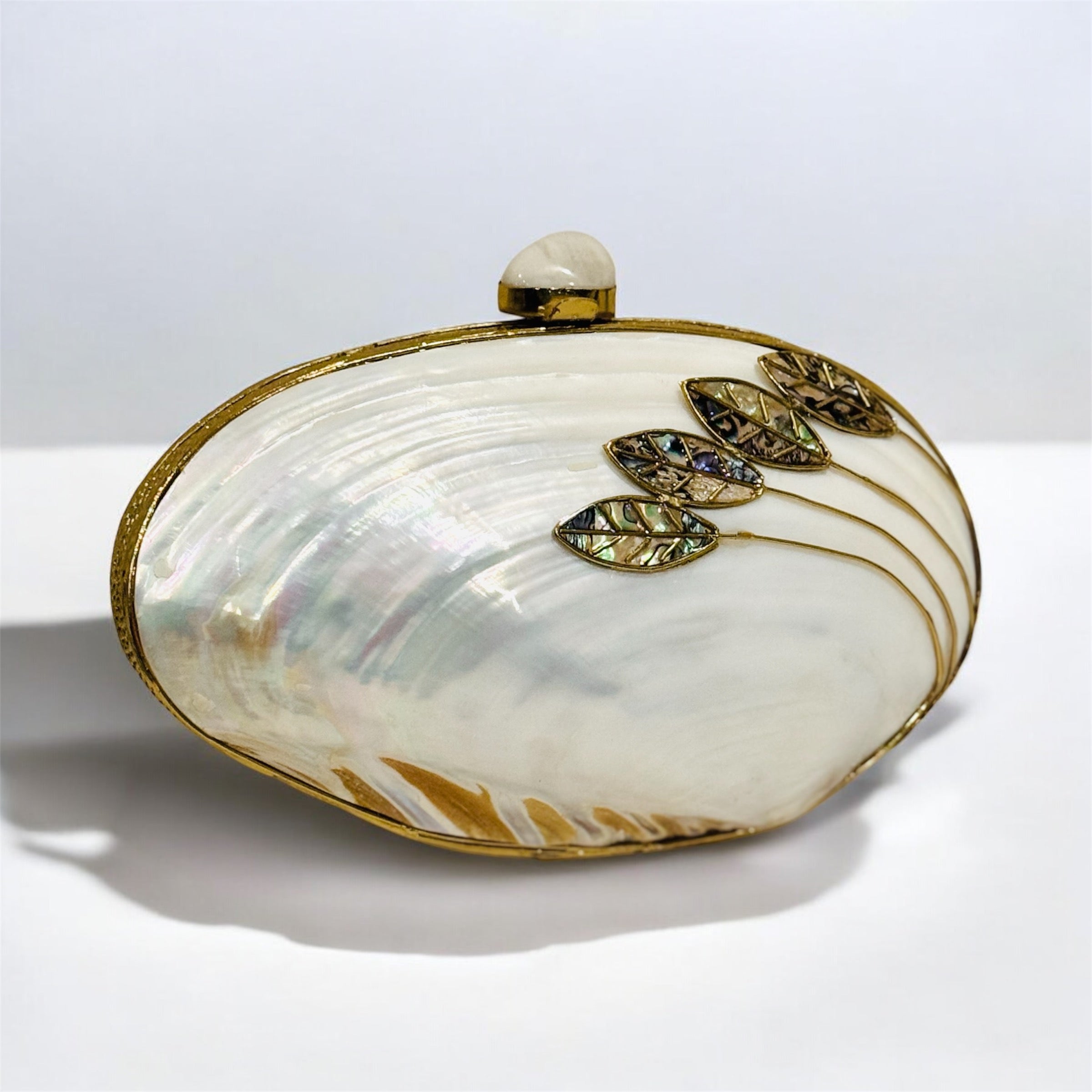 Mother of pearl shell clutch with natural iridescent shell mosaic and brass frame