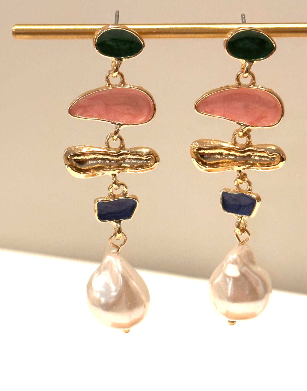 Multi-color gemstone drop earrings with assorted natural stones and gold hooks