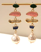 Multi-color gemstone drop earrings with assorted natural stones and gold hooks