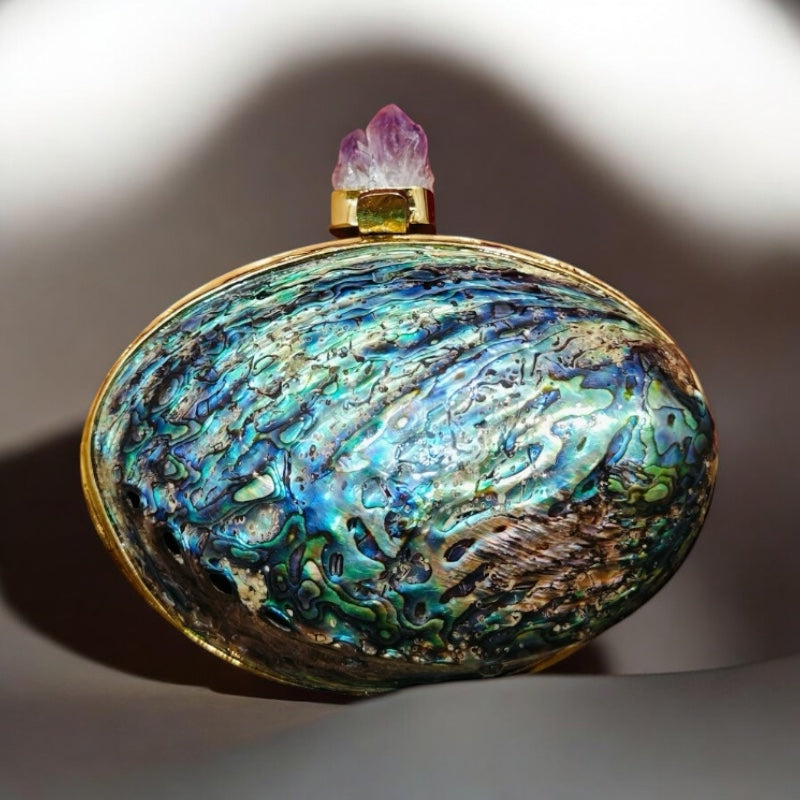 abalone shell mini bag with amethyst stone closure