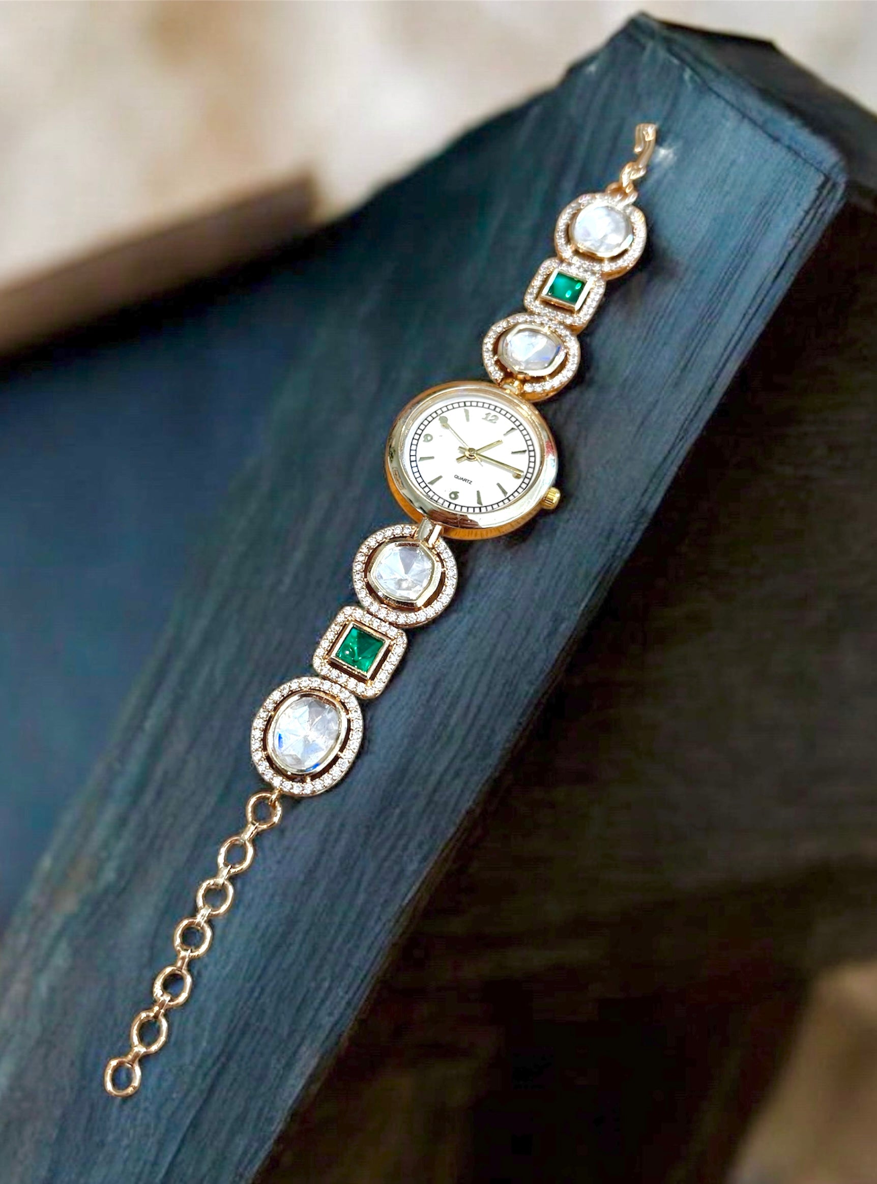 Crystal-embellished watch bracelet with gold-plated band and rhinestone bezel