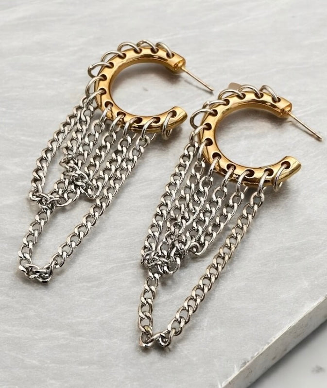 Gold and silver two-tone dangle earrings with artisan hammered finish