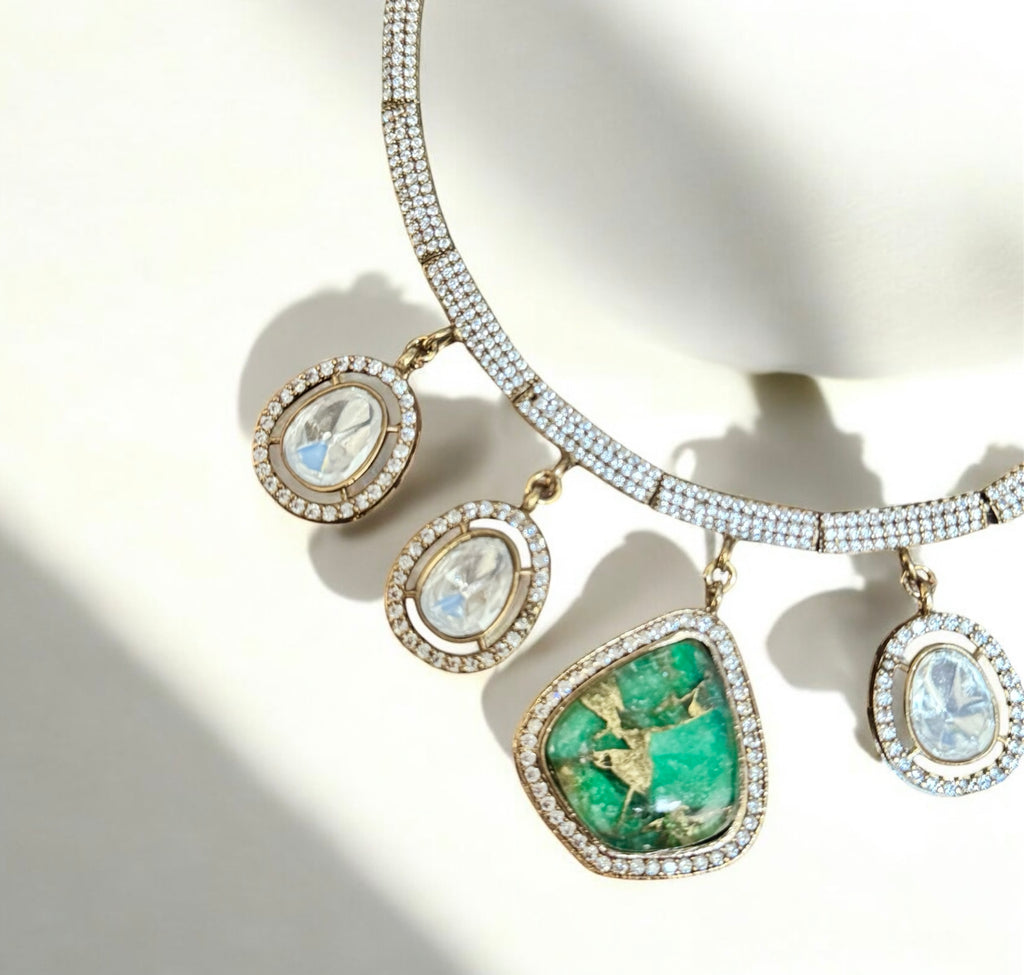 Mosaic stone green necklace set with matching earrings and natural gemstones