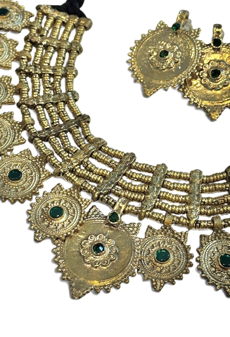Vintage Inspired Coin Necklace Set with Earrings — Green Stone Gold Pendant Jewelry — alternate angle
