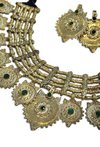 Vintage Inspired Coin Necklace Set with Earrings — Green Stone Gold Pendant Jewelry — alternate angle