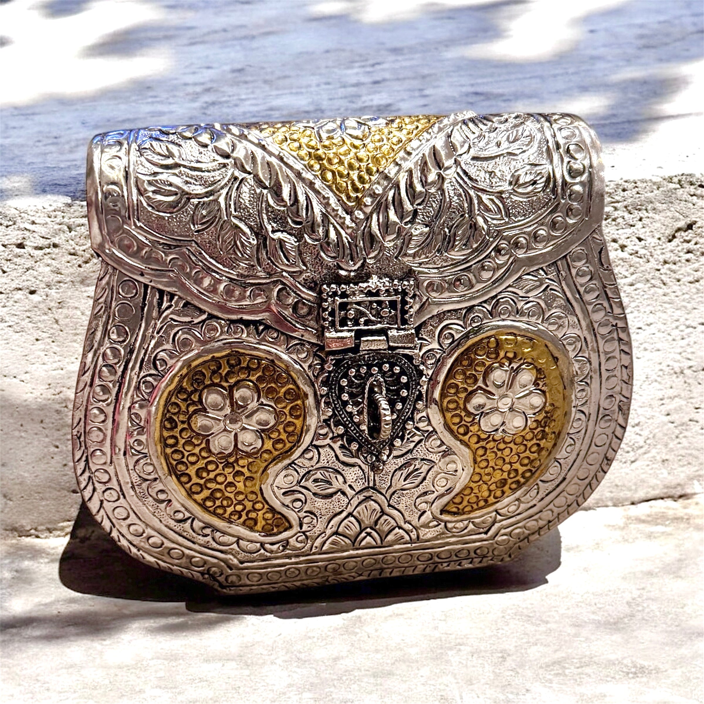 handcrafted two-tone silver gold metal evening clutch