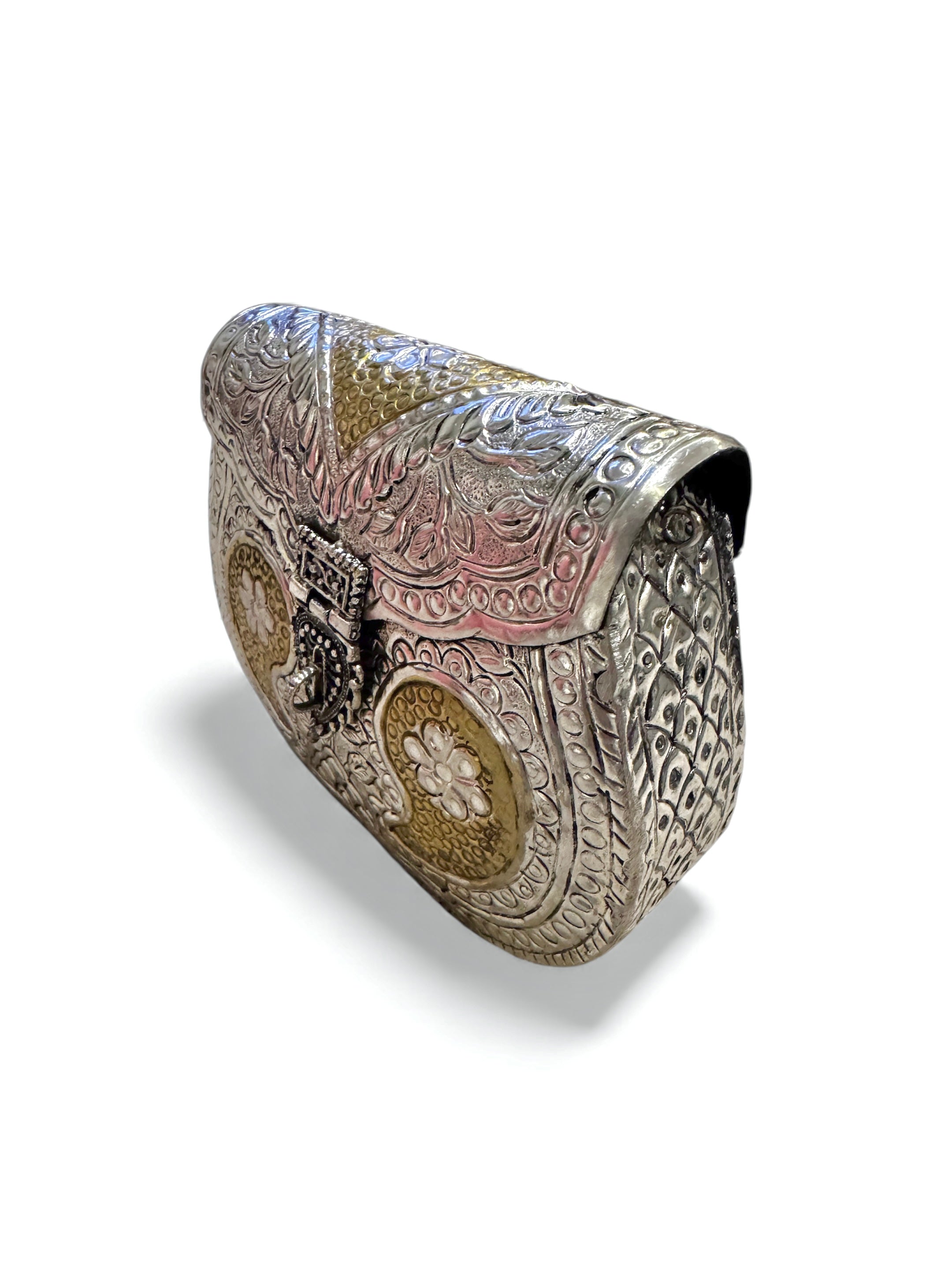 floral embossed metal clutch bag silver gold plated brass
