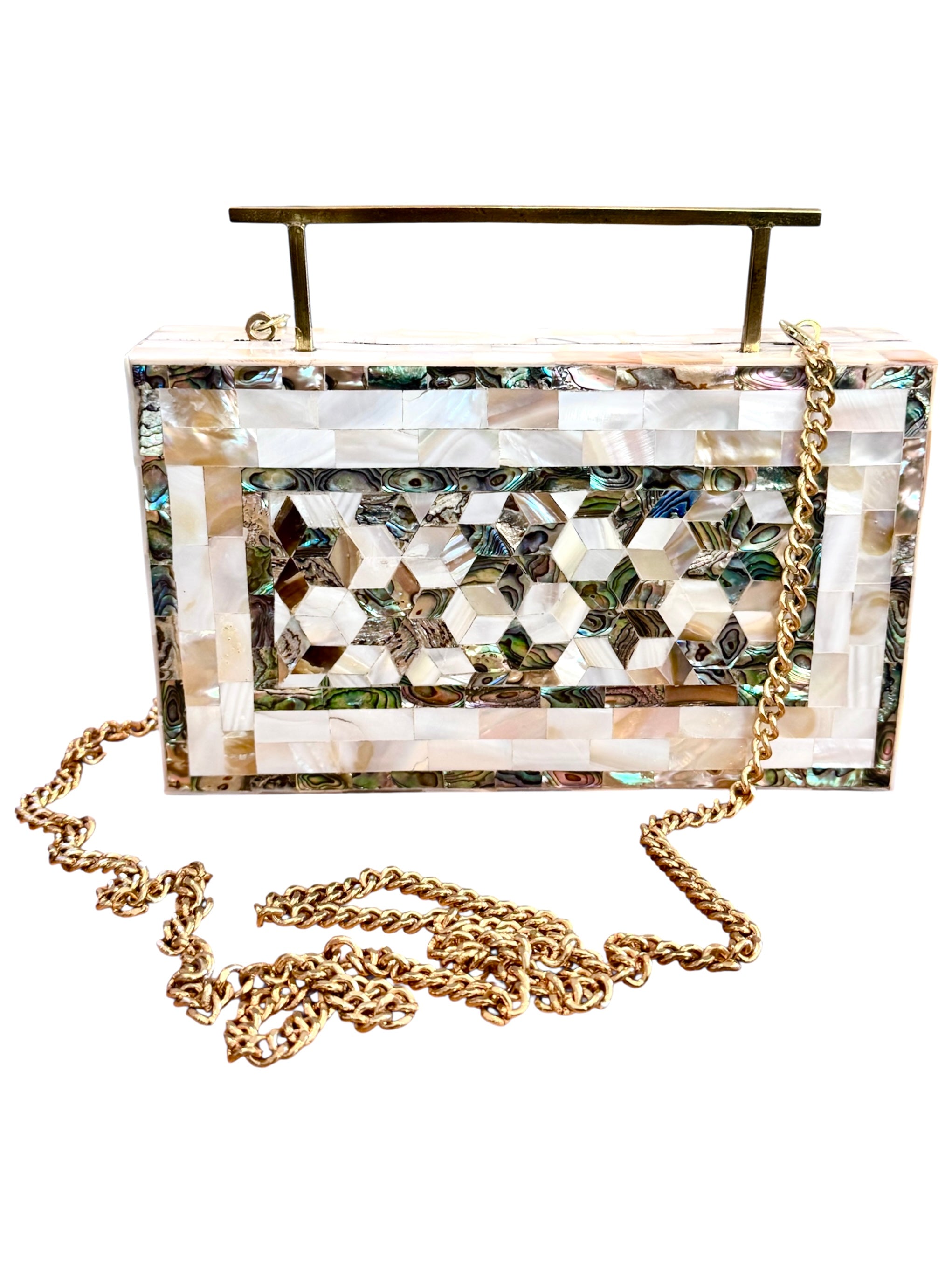 Handcrafted Mother of Pearl Clutch — detail view
