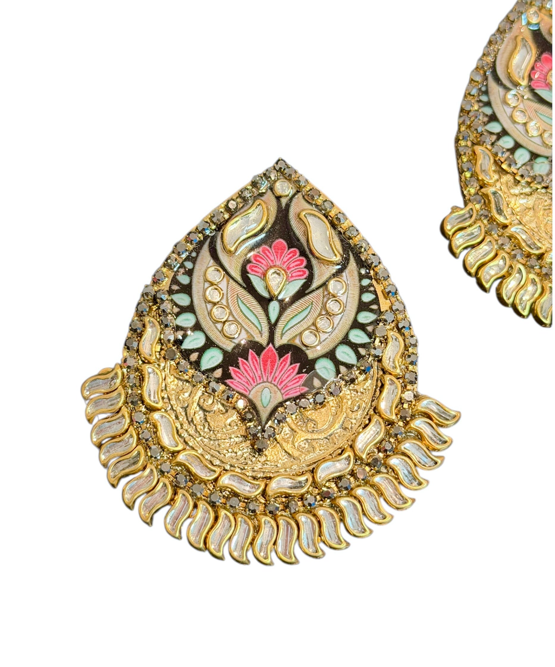 Decorative earrings with floral design on a white background