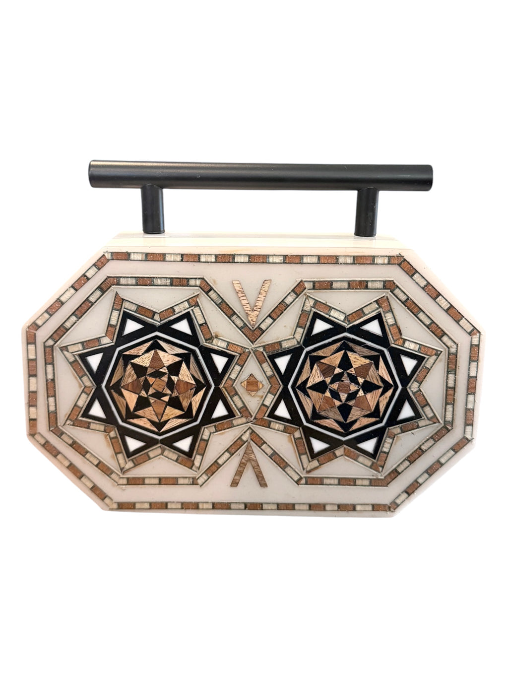 Decorative tray with geometric pattern and black handle on a white background
