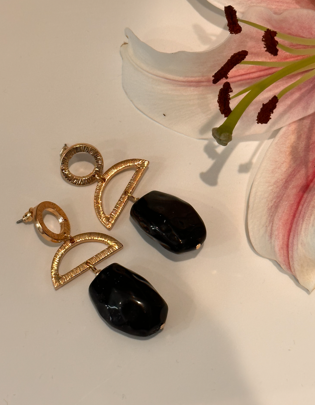 Black Drop Earrings — close-up