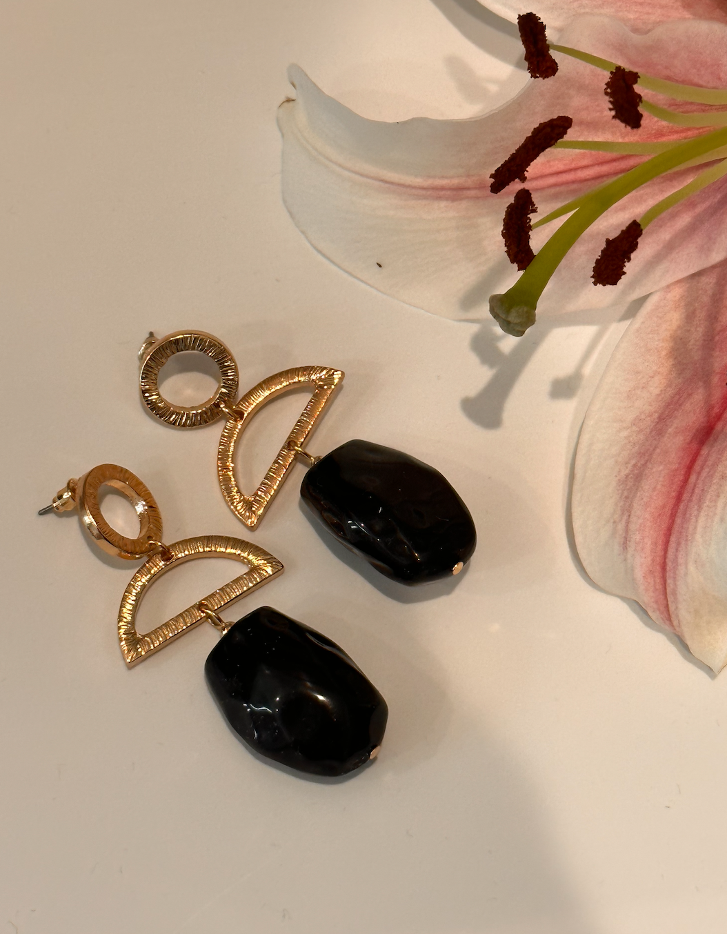 Black Drop Earrings — close-up