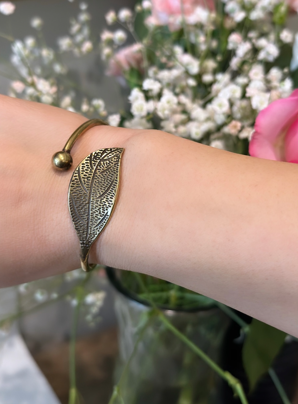 Handmade Bronze Leaf Bracelet — alternate angle