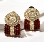 Ruby red stud earrings with faceted stone and gold-plated prong setting