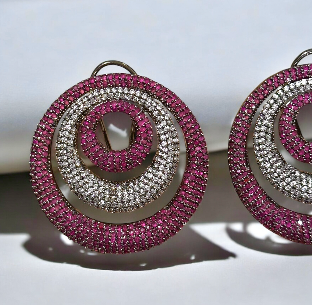 Pink stone drop earrings with rose-toned gems and gold-plated hooks