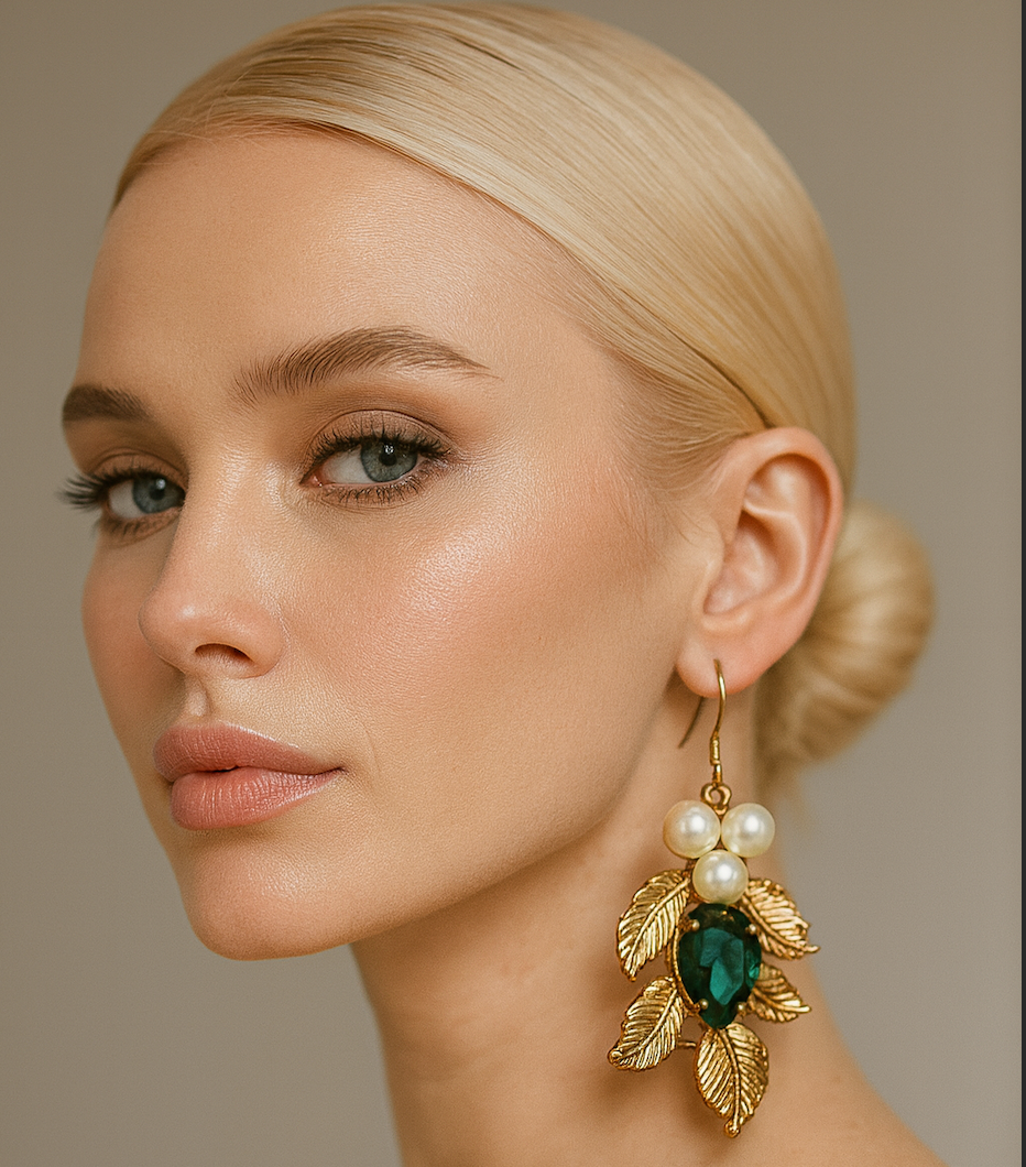 Leaf-shaped green enamel earrings with gold-plated stems and hooks