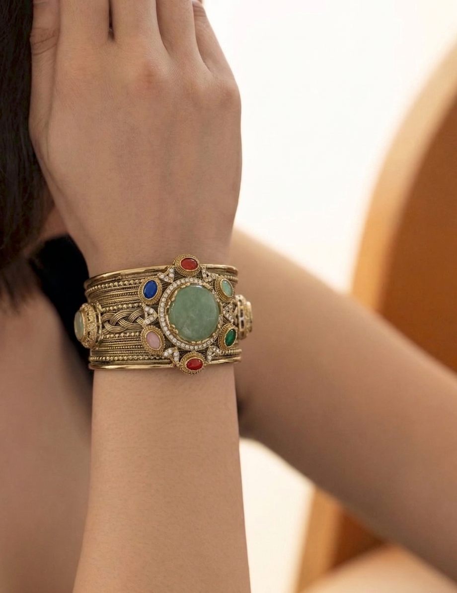 Vintage-inspired multi-color stone cuff bracelet in gold-plated brass