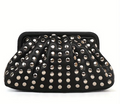 Black studded evening bag with metallic stud detailing and compact frame
