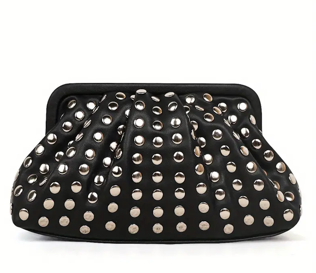Black studded evening bag with metallic stud detailing and compact frame