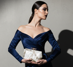 Mother of pearl clutch with natural shell mosaic pattern and brass frame