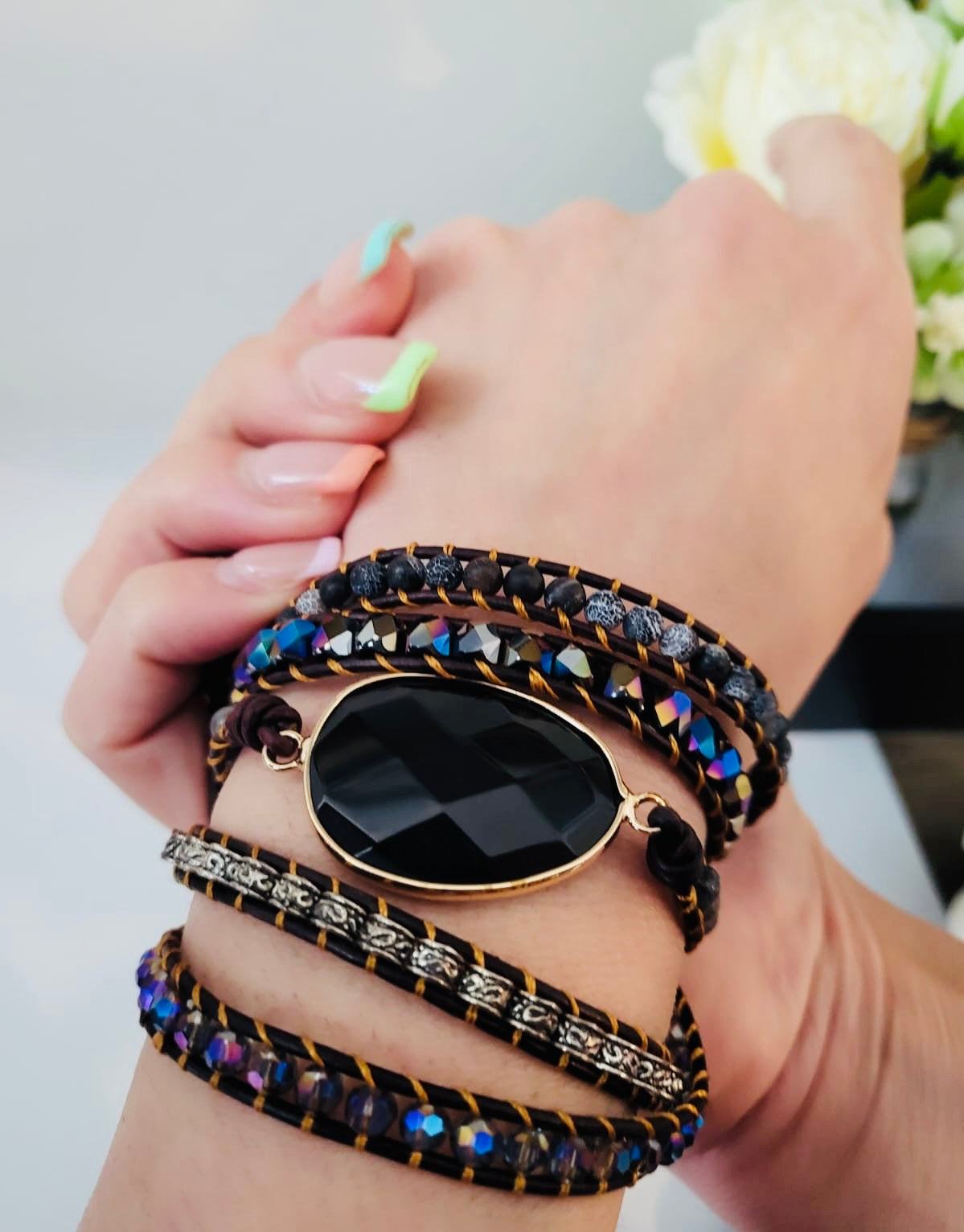 Handmade wrap bracelet with natural stone beads and leather cord