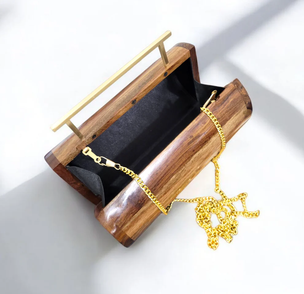 round wooden clutch satin lined interior magnetic closure